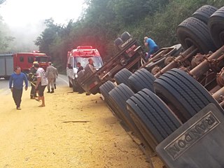 Carreta transportando carga de milho tomba na BR 262 2