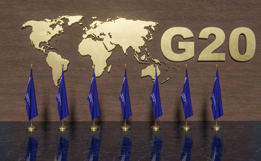 Flags G20, Concept of the G20 summit or meeting, Group of Twenty members, 3d illustration and 3d work