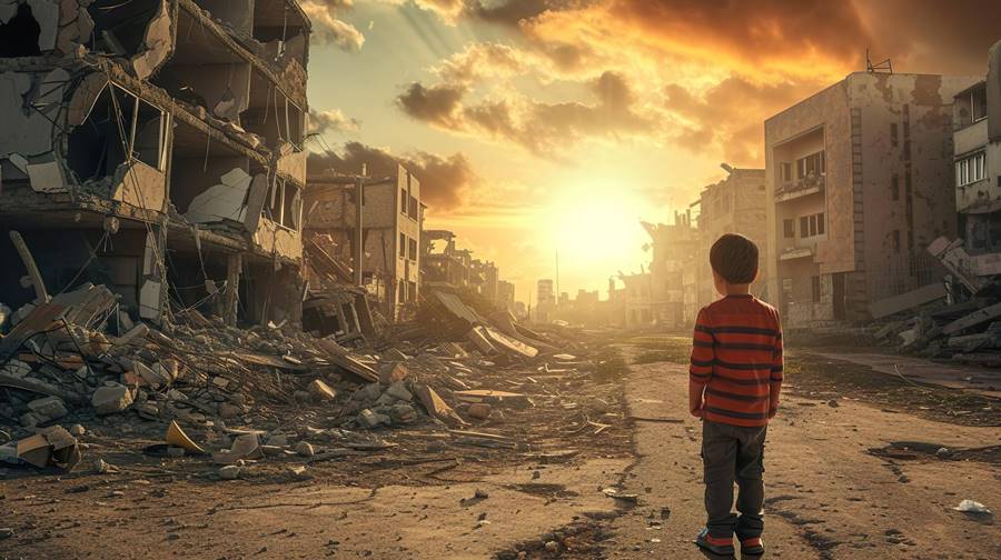 a boy standing in front of collapse buildings area