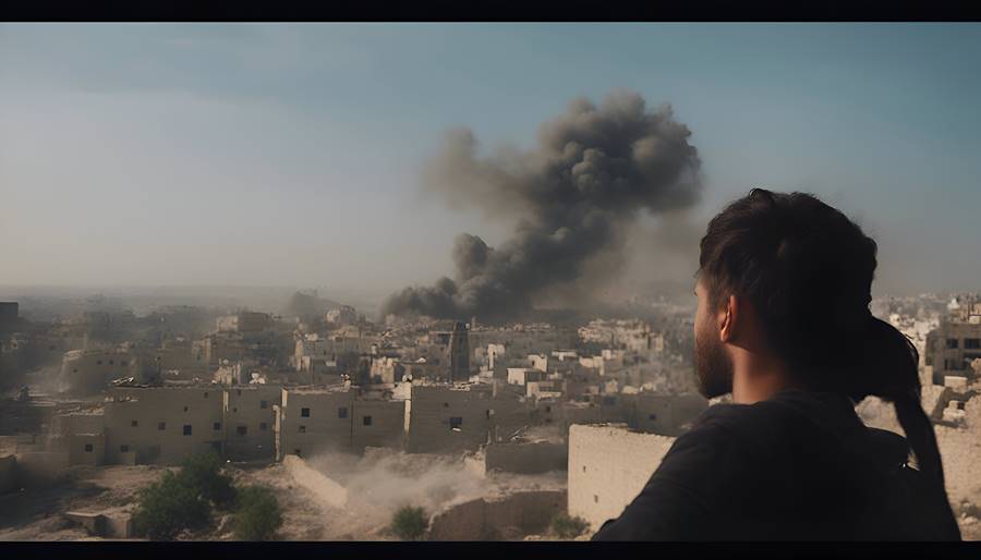 Man looking at the ruins of a city with smoke coming out of the chimneys