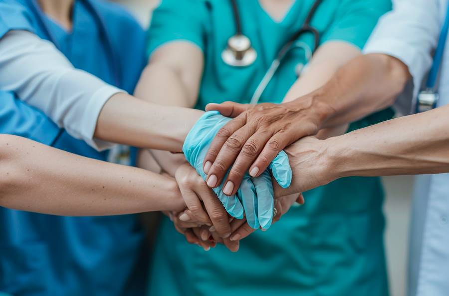 A group of smiling doctors and nurses standing.Team of medical doctors and nurses holding hands together.