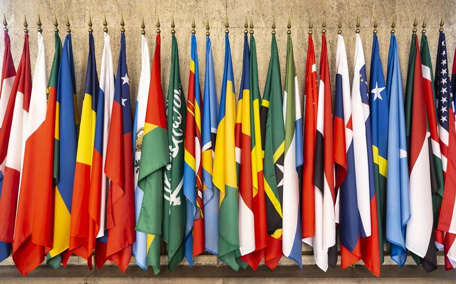 Some world national flags on poles on a wall.