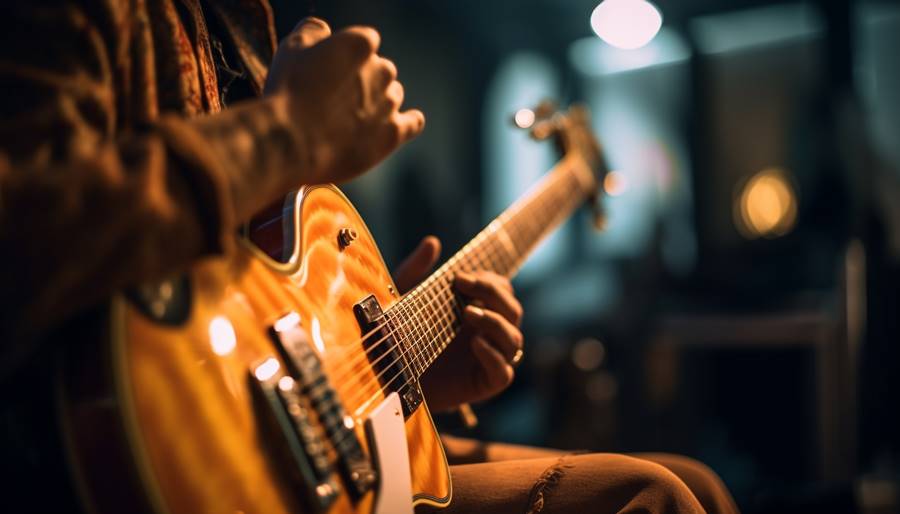 Young guitarist plucking strings on acoustic guitar generated by artificial intelligence