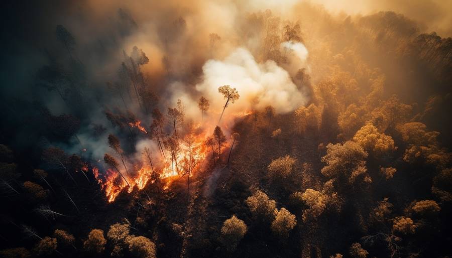 Burning forest inferno, destruction and environmental damage generated by artificial intelligence