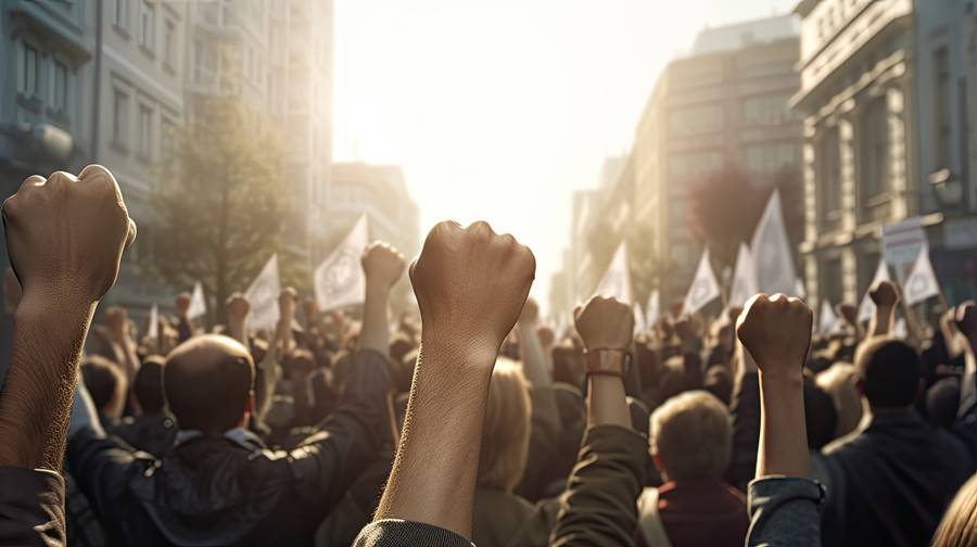 Protesting crowd people on city street with raised fist, Generative AI