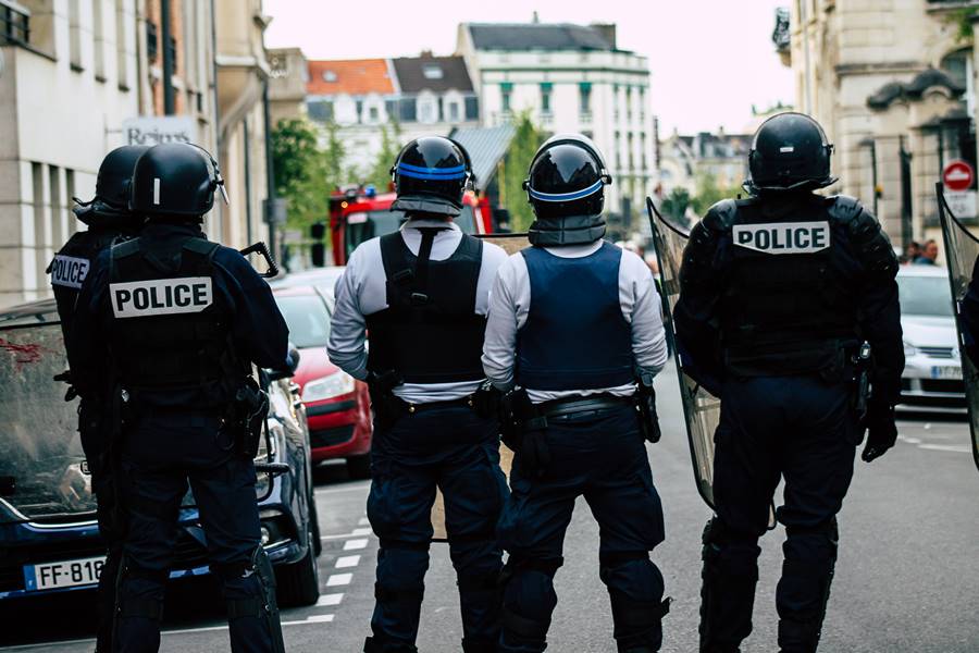 Reims France May 18, 2019 View of the French National Police in intervention against the rioters during protests of the Yellow Jackets in the streets of Reims on saturday afternoon