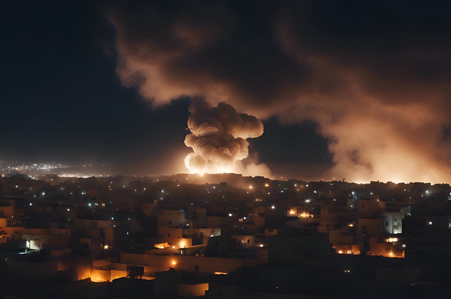 Aerial view of a big fire in a city at night.