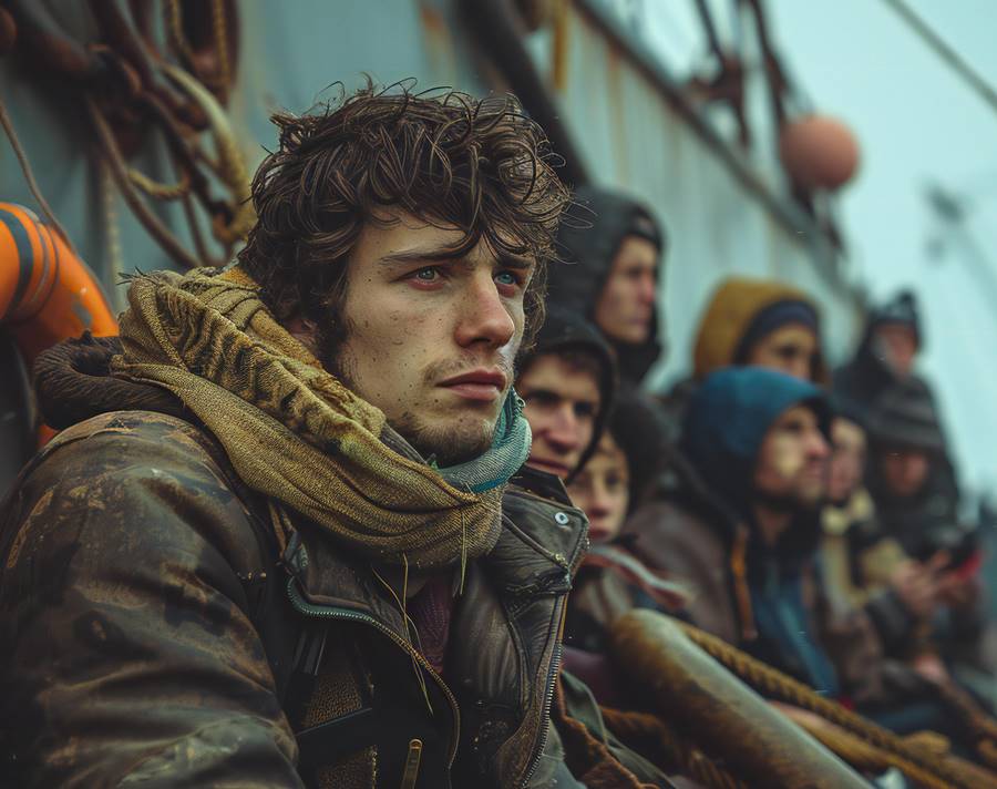 Stock photo of people sitting in a group on a big boat, in the style of film stills, orientalist, zeiss milvus 25mm f 1.4 ze., post punk, handsome, folkloric realism, --ar 3:2 --style raw --stylize 250 --v 6