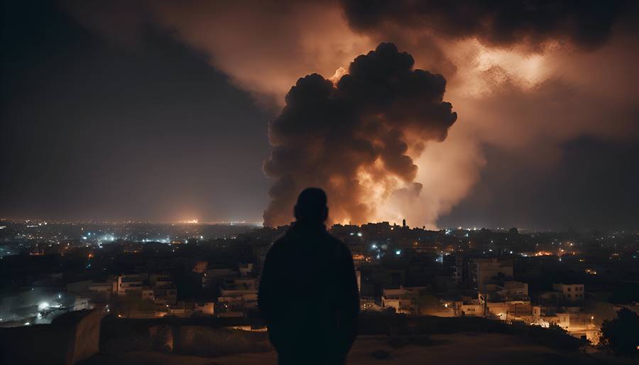 Man looking at a huge cloud of smoke over the city at night