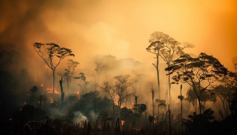 Burning tree silhouettes against fiery sunset sky generated by artificial intelligence