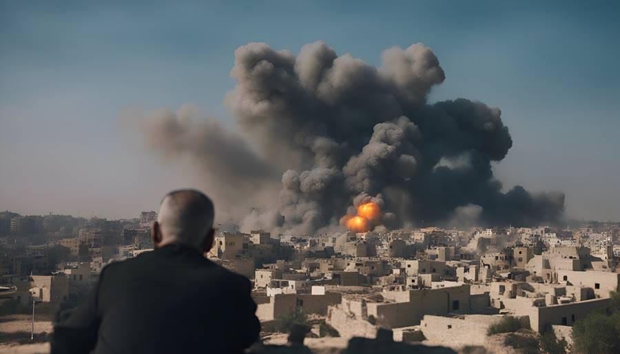 A man sits on the top of a hill and looks at a huge blast.