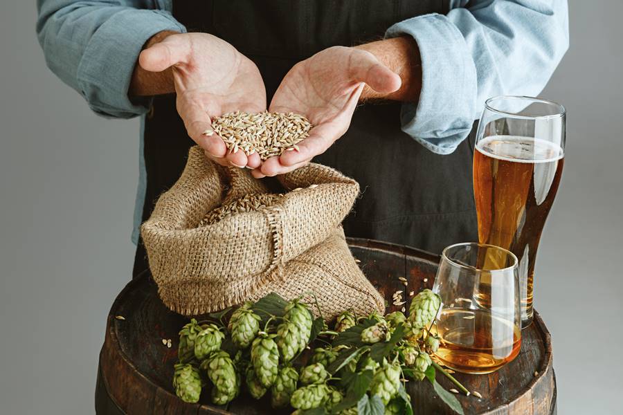 Close up of confident senior man brewer with self crafted beer in glass on wooden barrel on grey background. Owner of factory presented his products of brewing. Oktoberfest, drink, alcohol, industry.