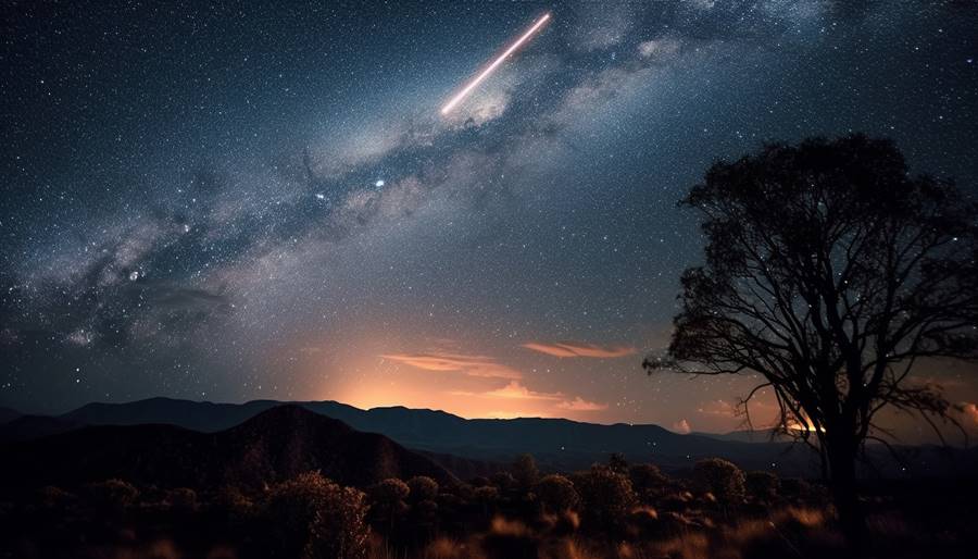 Glowing star trails orbiting Milky Way galaxy generated by artificial intelligence