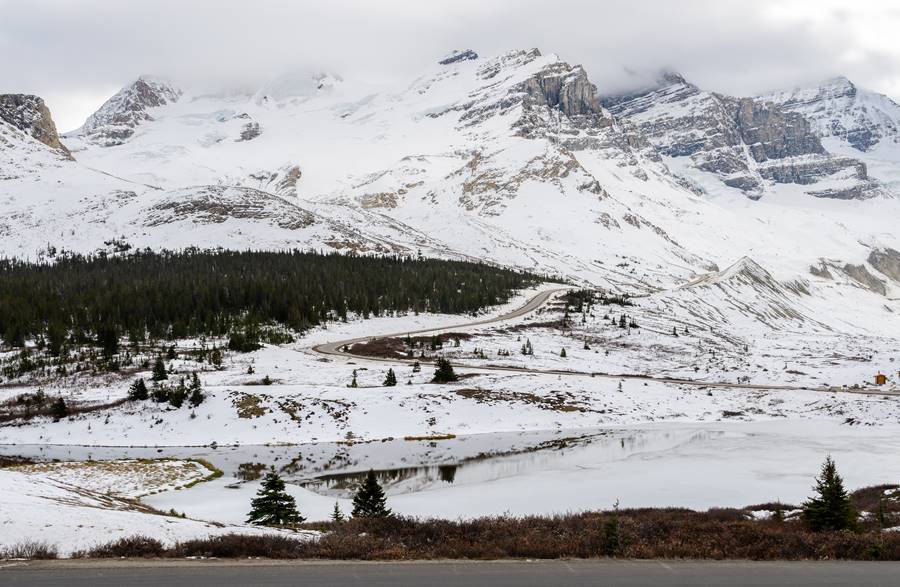 Landscape winter view of Columbia Icefield parkway in Jasper National Park in Alberta, Canada