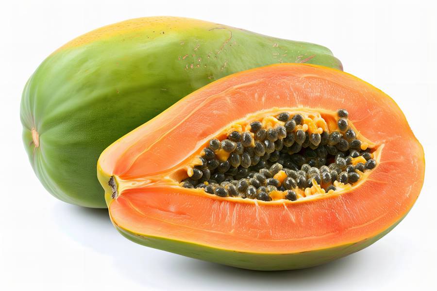 Stock photo of Papaya, cut in half and whole on white background, --ar 3:2 --style raw --stylize 50