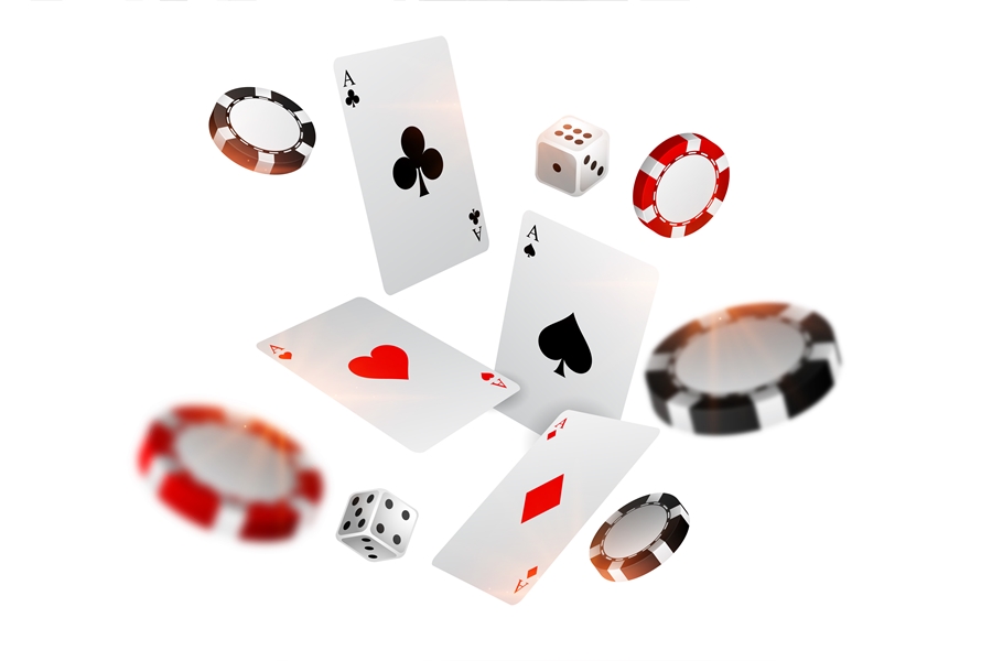 playing casino card chips and dice flying background