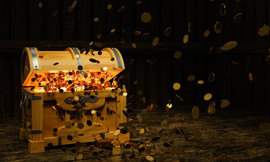 Numerous gold coins spilled out from the treasure chest. Old-style wooden treasure chest tightly assembled with rusted metal strips. Golden Coin and bar on floor. 3D Rendering