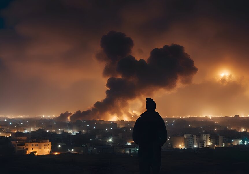 Man standing on the hill and looking at the burning city at night