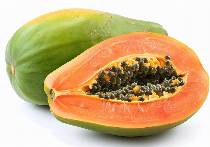 Stock photo of Papaya, cut in half and whole on white background, --ar 3:2 --style raw --stylize 50